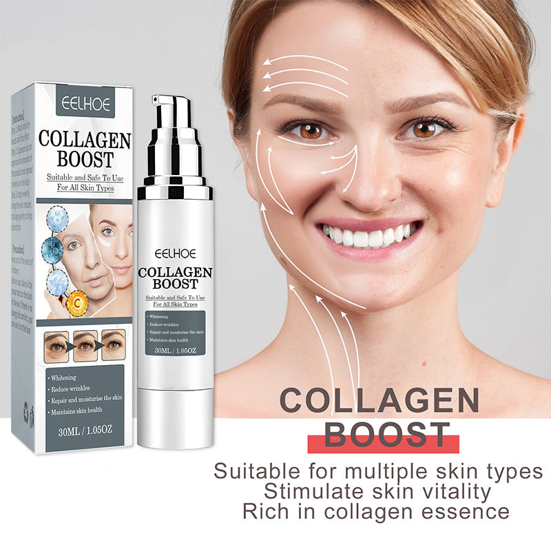 "Anti-aging kräm med kollagen, vit burk med gulddetaljer, främjar fastare och återfuktad hud, idealisk mot rynkor."