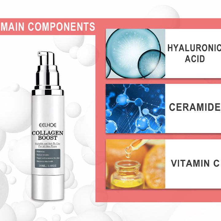 "Anti-aging kräm med kollagen, vit burk med gulddetaljer, främjar fastare och återfuktad hud, idealisk mot rynkor."