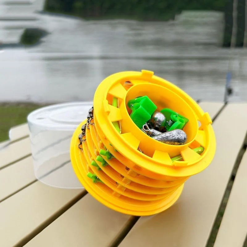 "Anti-tanglesnörkrok för fiske, inkl. förvaringsbox, i plast med flera fack och spännband, för bättre fiskelycka."