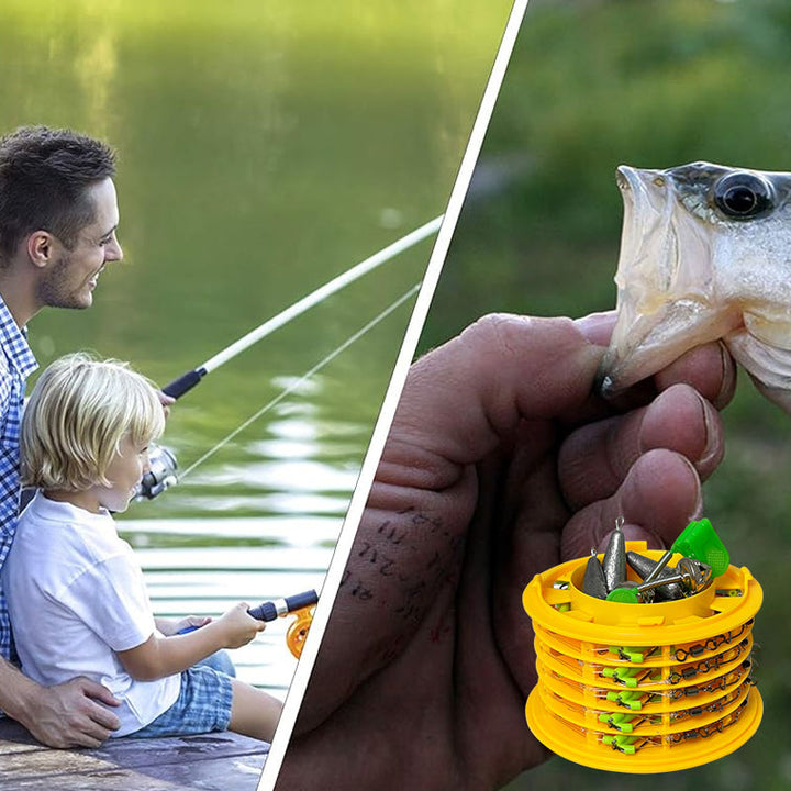 "Anti-tanglesnörkrok för fiske, inkl. förvaringsbox, i plast med flera fack och spännband, för bättre fiskelycka."