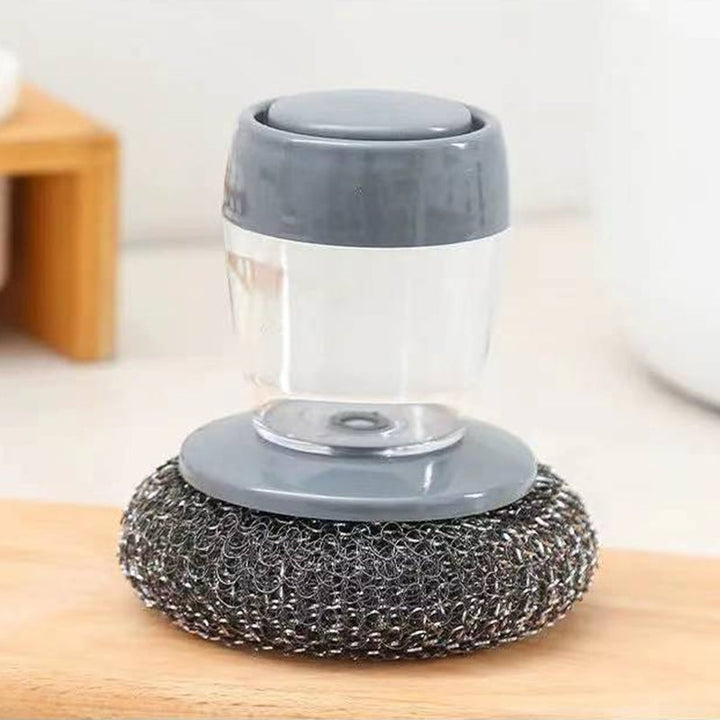 "Antibakteriell handflatansborste med inbyggd dispenser, rostfritt stålborst och ergonomisk design för effektiv köksrengöring