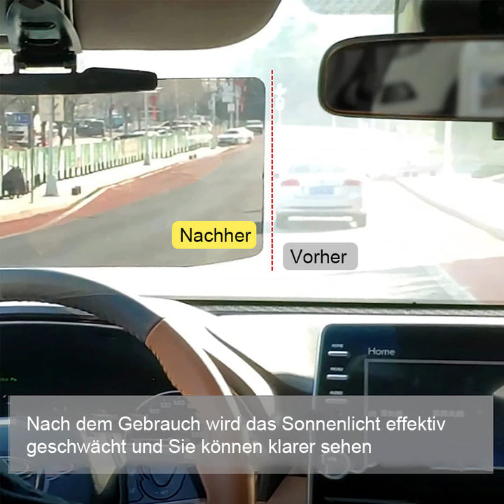 "Antireflex solskydd för bil, transparent design, blockerar solljus effektivt. Enkel installation för bättre sikt."