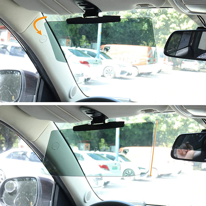 "Antireflex solskydd för bil, transparent design, blockerar solljus effektivt. Enkel installation för bättre sikt."