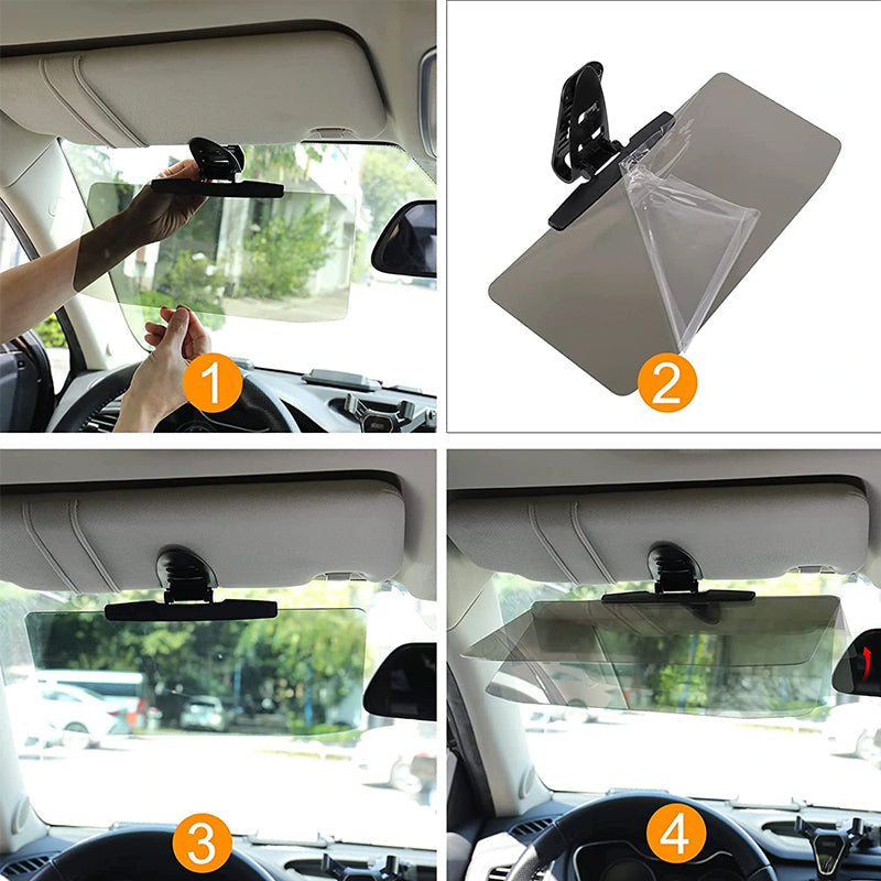 "Antireflex solskydd för bil, transparent design, blockerar solljus effektivt. Enkel installation för bättre sikt."