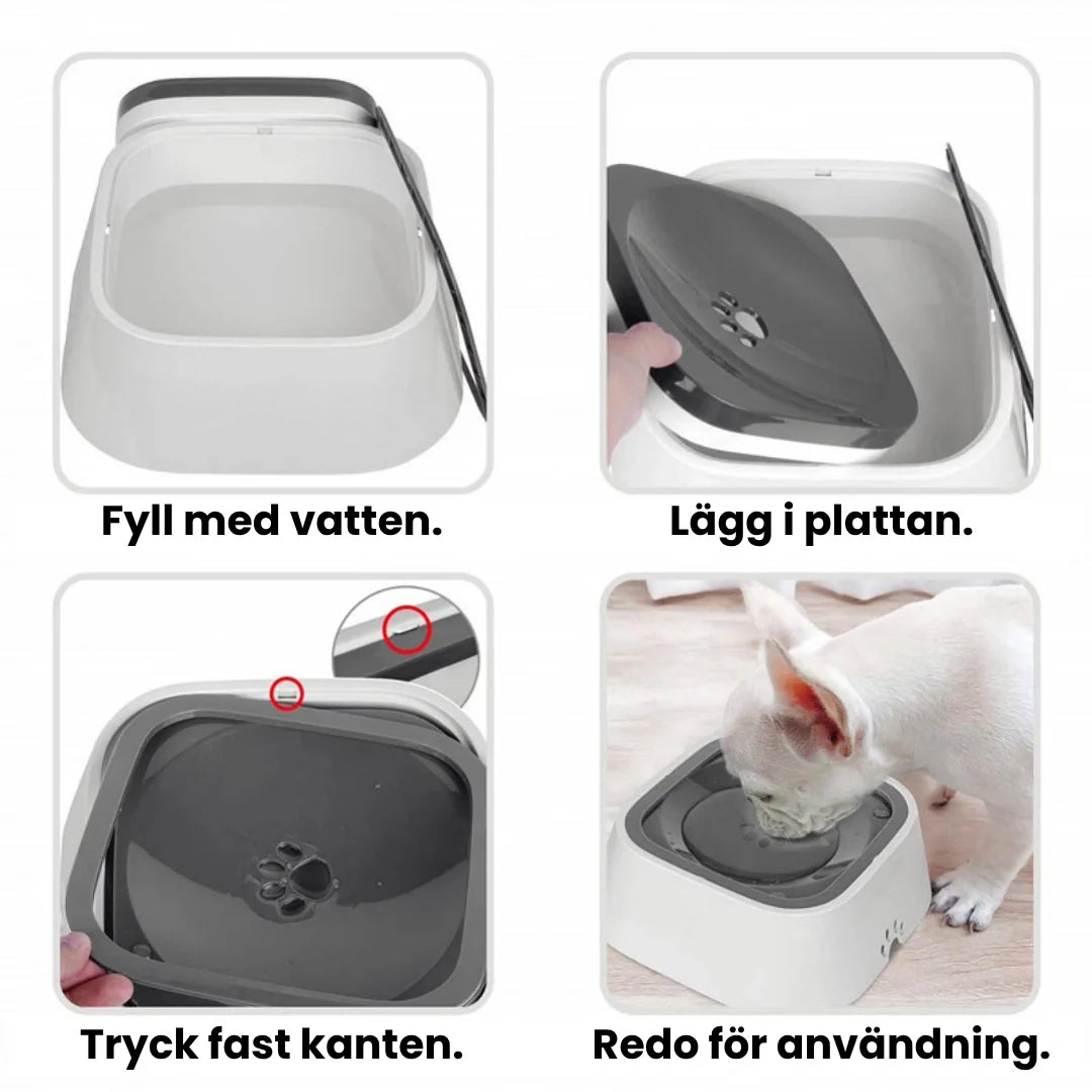 Ergonomisk antispill dryckeskål 1.5L för hund och katt. Främjar renare dricksvatten och golv.