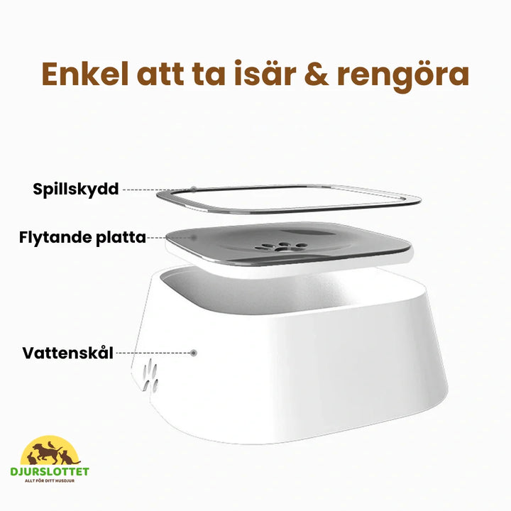 Innovativ spillfri vattenskål för hund och katt. Med 1.5L kapacitet för rena golv hemma.