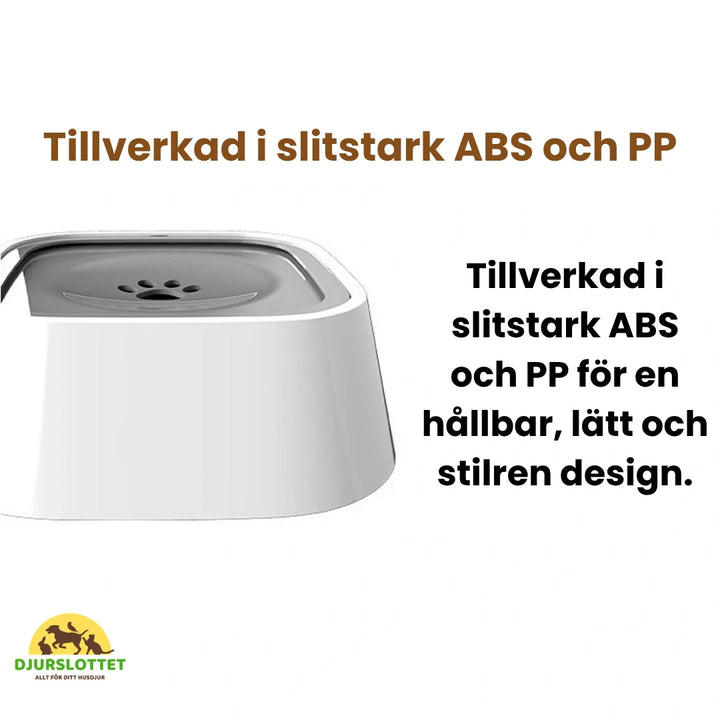 Antispill hundskål 1.5L. Håller vatten i skålen, inte på golvet. Enkel att diska för rena ytor.