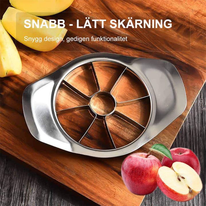 "Äppeldelare i robust rostfritt stål, åtta blad, brytsäker design, skär enkelt perfekta äppelskivor, köksredskap."