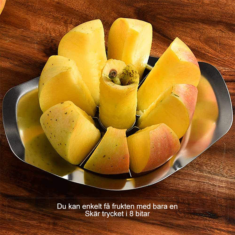 "Äppeldelare i robust rostfritt stål, åtta blad, brytsäker design, skär enkelt perfekta äppelskivor, köksredskap."