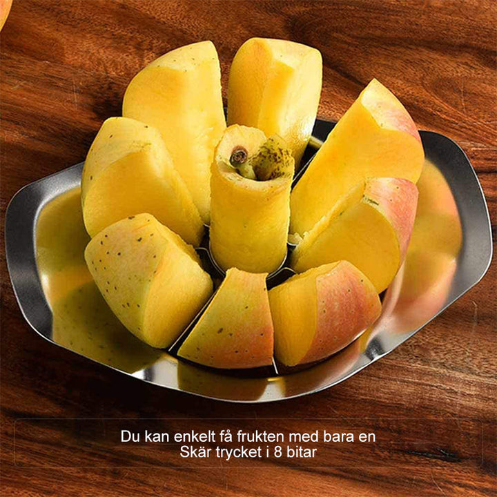 "Äppeldelare i robust rostfritt stål, åtta blad, brytsäker design, skär enkelt perfekta äppelskivor, köksredskap."