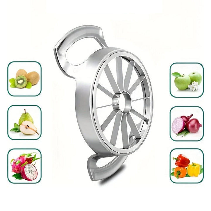 Äppelskivare i rostfritt stål skär äpplen i 12 klyftor. Robust, effektiv och lätt att rengöra, ideal för frukt.