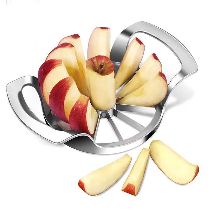 Äppelskivare i rostfritt stål skär äpplen i 12 klyftor. Robust, effektiv och lätt att rengöra, ideal för frukt.
