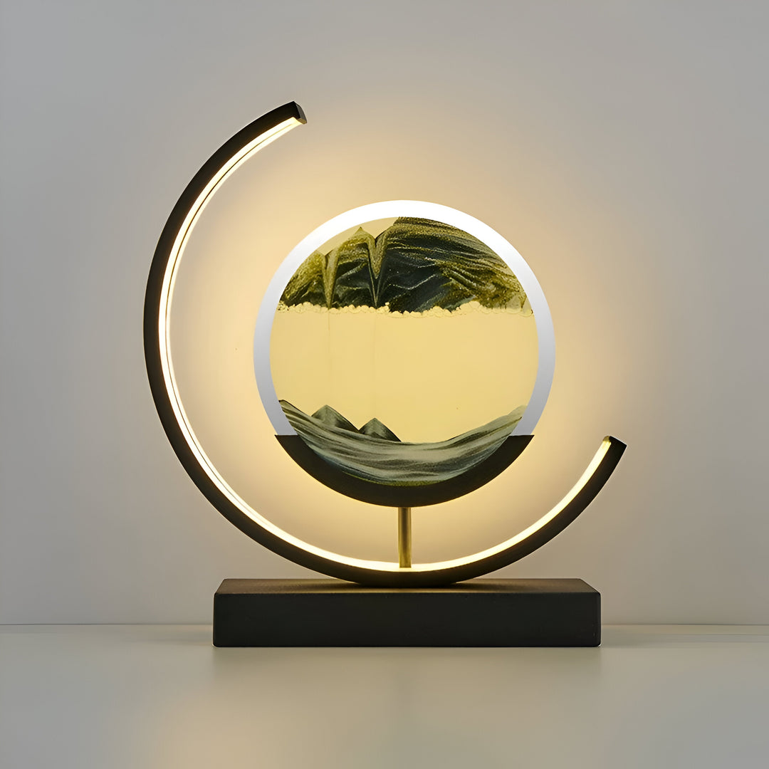 Dimmbar sandlampa, modell Sand Glow. Appstyrd bordslampa med LED-belysning & fascinerande sandkonst.
