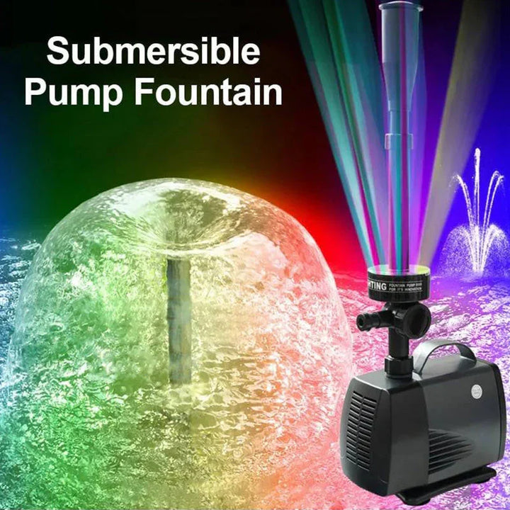 AquaFlex Pro fontänpump med integrerad LED-belysning, perfekt för att lysa upp trädgårdsdammen på kvällen.