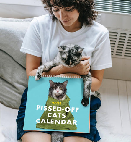 "Arg Kattkalender 2024: Charmig kalender med uttrycksfulla, humoristiska kattbilder, perfekt present för kattälskare."