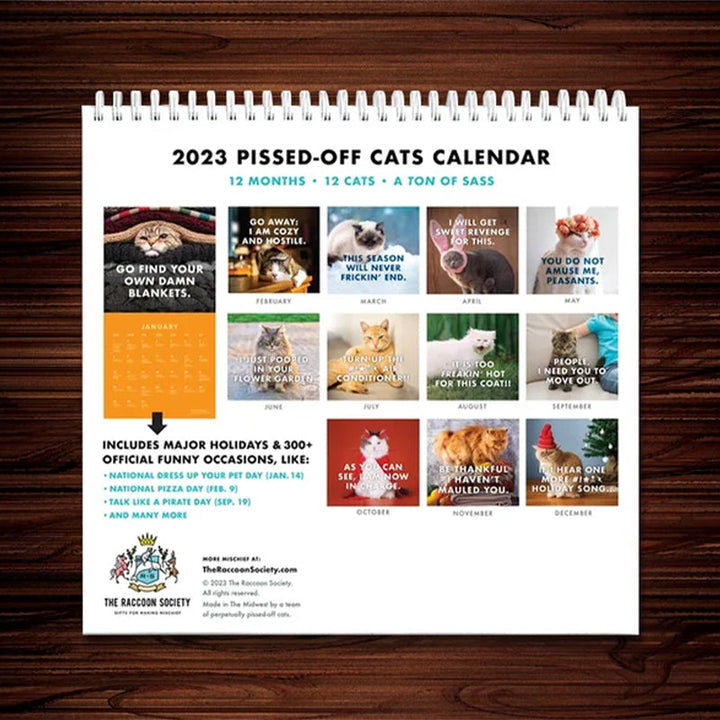 "Arg Kattkalender 2024: Charmig kalender med uttrycksfulla, humoristiska kattbilder, perfekt present för kattälskare."
