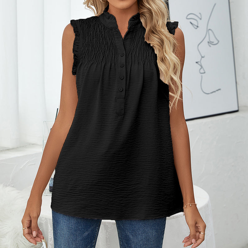 "Ärmfri damtopp med veck och knappar i ljusgrön, sommarstil. Perfekt för stranddagar och kvällar. Material: polyester."