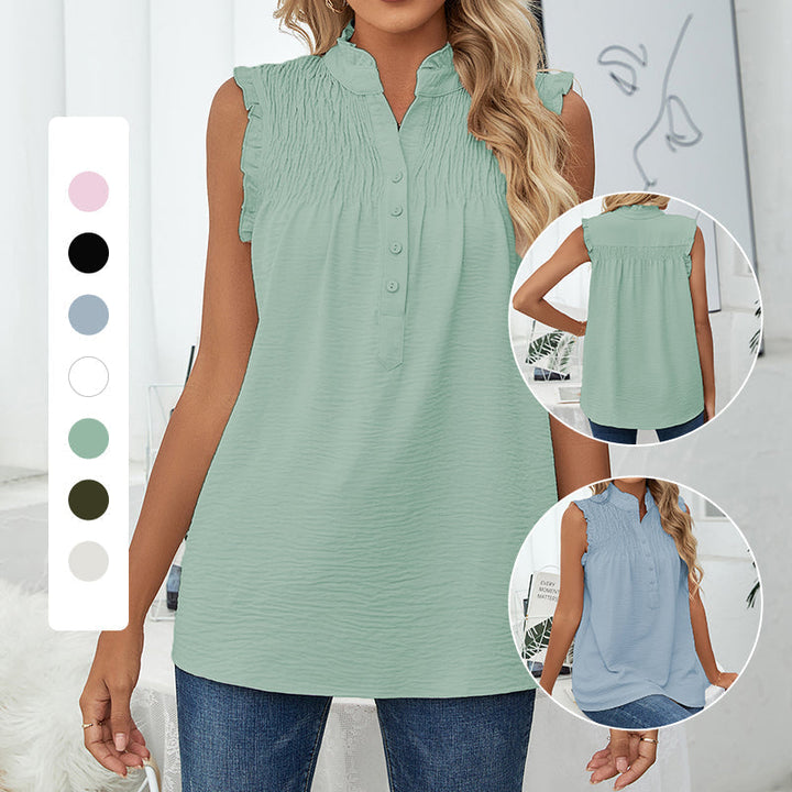 "Ärmfri damtopp med veck och knappar i ljusgrön, sommarstil. Perfekt för stranddagar och kvällar. Material: polyester."
