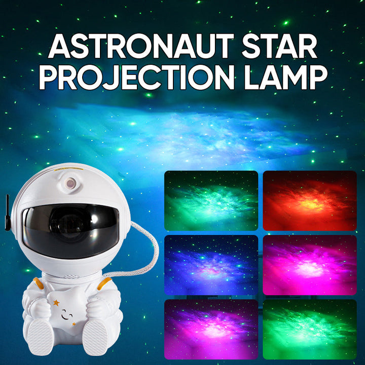 "Astronautprojektorlampa med stjärnhimmel, vit astronautfigur, projicerar 360° ljus och stjärnor i ett rum."