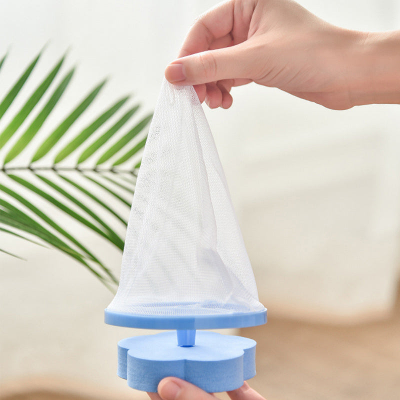 Återanvändbar hårfångare för tvättmaskin, blå och rosa, konformad design, samlar hår och ludd effektivt.