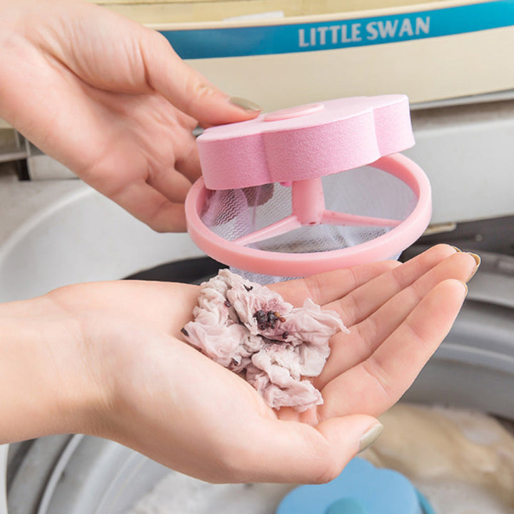 Återanvändbar hårfångare för tvättmaskin, blå och rosa, konformad design, samlar hår och ludd effektivt.