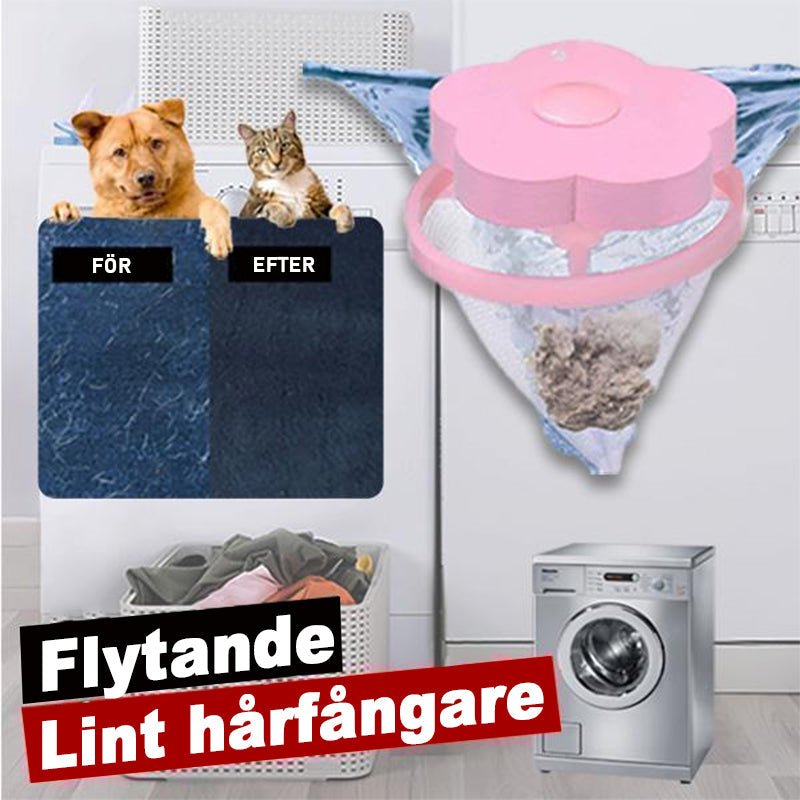 Återanvändbar hårfångare för tvättmaskin, blå och rosa, konformad design, samlar hår och ludd effektivt.