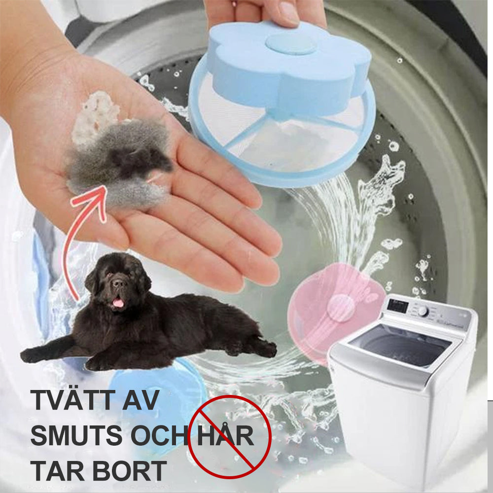 Återanvändbar hårfångare för tvättmaskin, blå och rosa, konformad design, samlar hår och ludd effektivt.