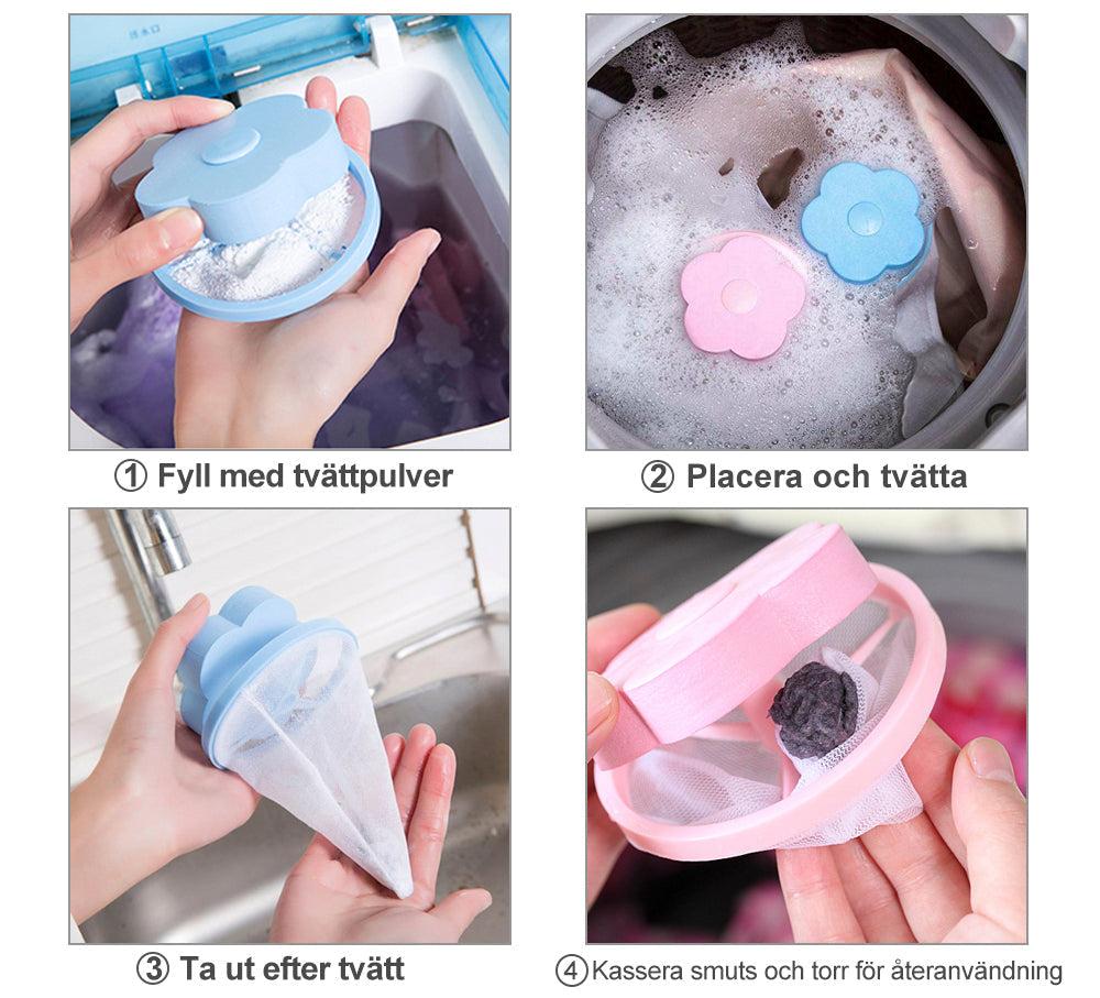 Återanvändbar hårfångare för tvättmaskin, blå och rosa, konformad design, samlar hår och ludd effektivt.