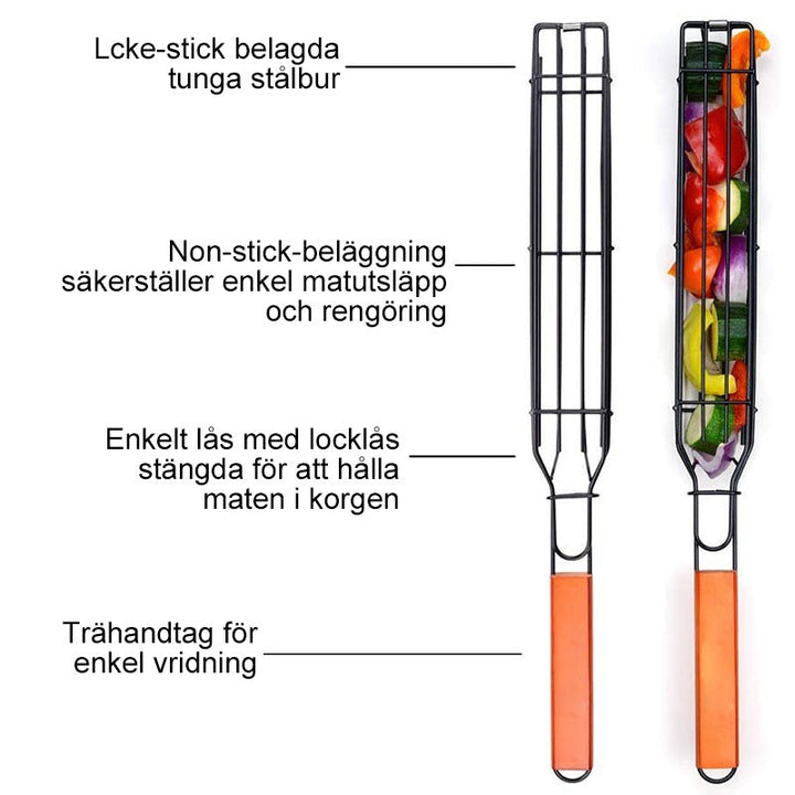 "Återanvändbar kabob-grillkorg av stål med trähandtag och unik design för enkel grillning av kött och grönsaker."