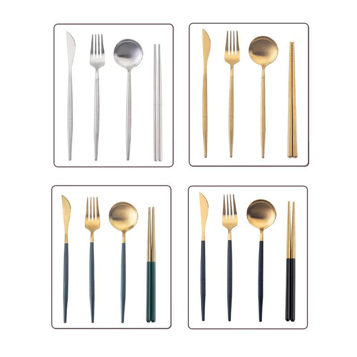 "Återanvändbara bestick i rostfritt stål på vit bakgrund med stilren design och miljövänligt fokus."