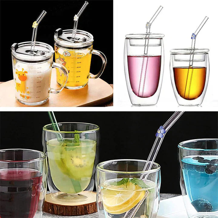 "Återanvändbara glasstrån i färgglada mönster av glas, lämpliga för drycker, bidrar till miljövänlig livsstil"