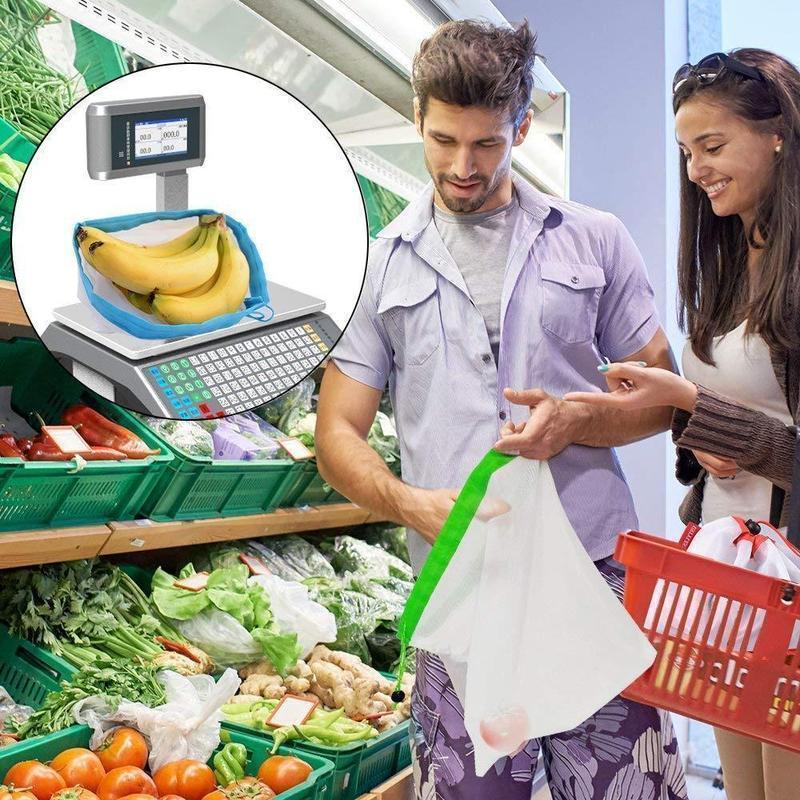 "Återanvändbara nätfruktpåsar, miljövänliga, i olika storlekar och färger, perfekta för hållbar matförvaring."