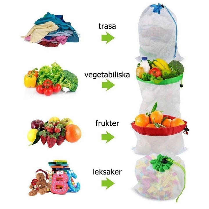 "Återanvändbara nätfruktpåsar, miljövänliga, i olika storlekar och färger, perfekta för hållbar matförvaring."