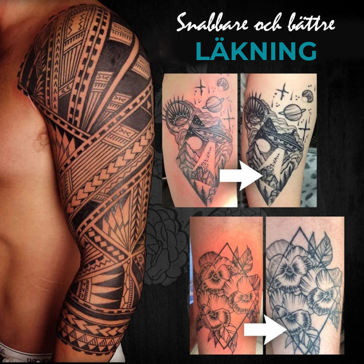 "Återfuktande tatueringsvårdssalva, burk med färgskyddande formula, främjar läkning och bevarar tattoo-färger."