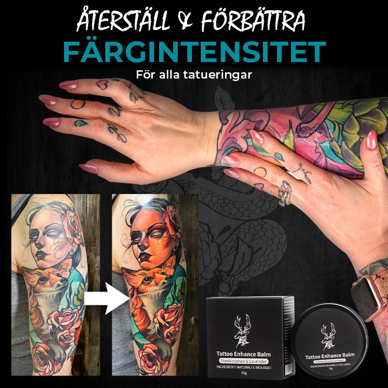 "Återfuktande tatueringsvårdssalva, burk med färgskyddande formula, främjar läkning och bevarar tattoo-färger."