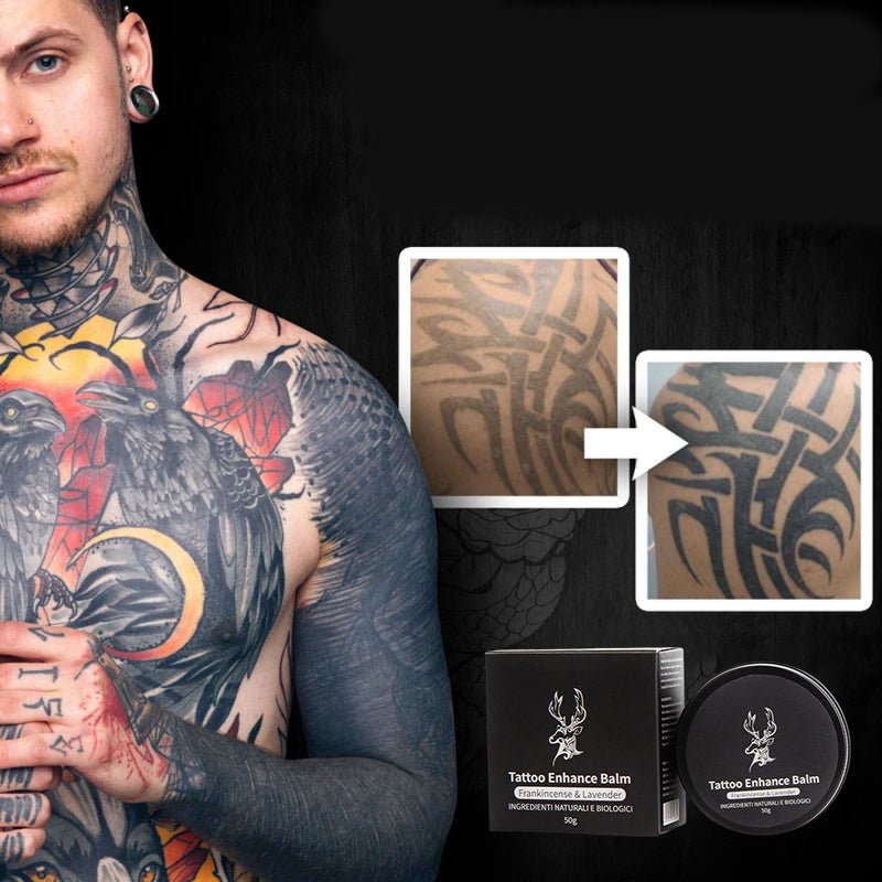 "Återfuktande tatueringsvårdssalva, burk med färgskyddande formula, främjar läkning och bevarar tattoo-färger."