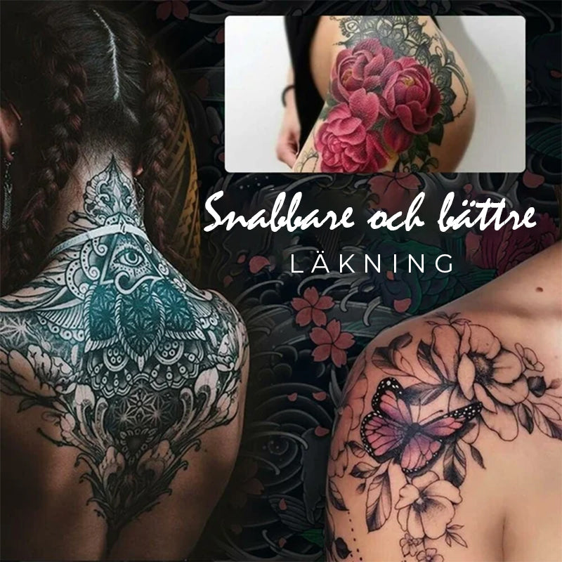 "Återfuktande tatueringsvårdssalva, burk med färgskyddande formula, främjar läkning och bevarar tattoo-färger."