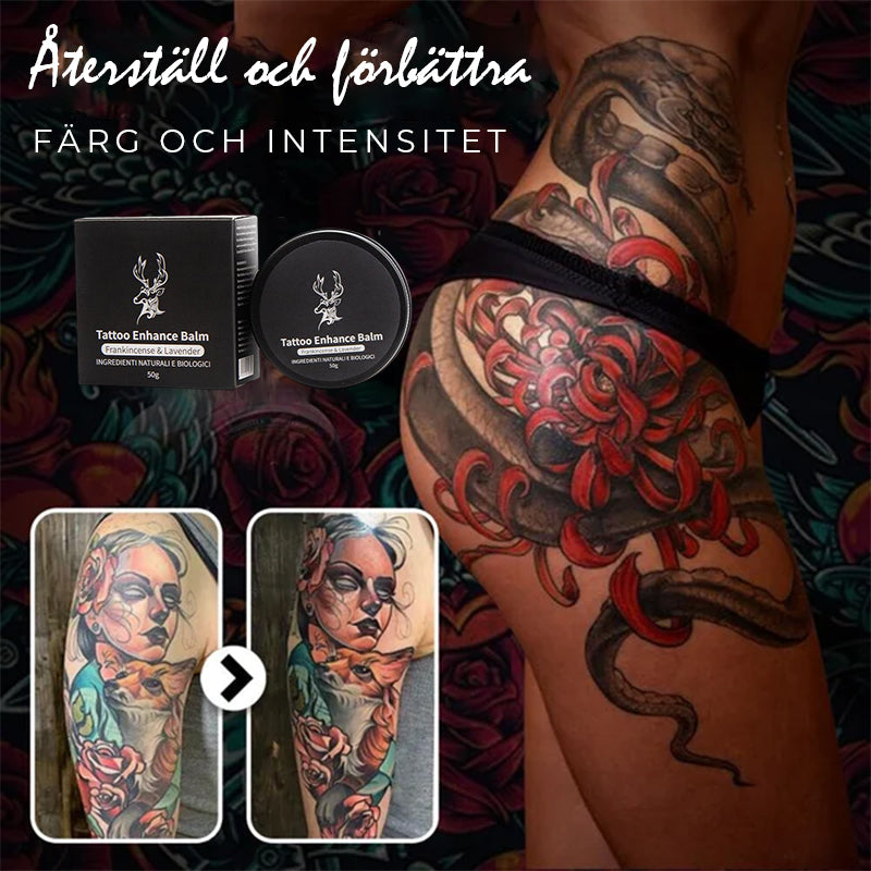 "Återfuktande tatueringsvårdssalva, burk med färgskyddande formula, främjar läkning och bevarar tattoo-färger."