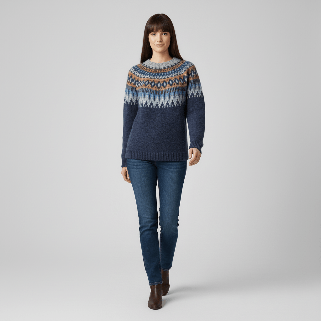 Stilfull Audrey damtröja i nordisk design. Mönsterstickad, avslappnad & perfekt för vardagsbruk.