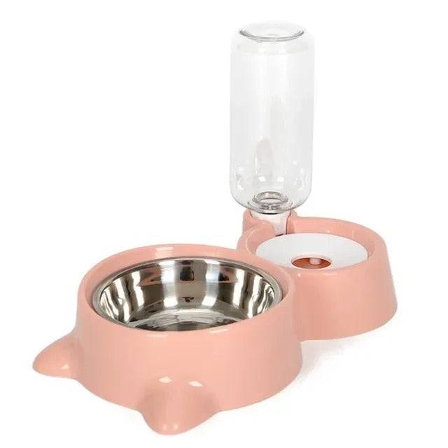 Kattmatskål med automatisk vattendispenser i 2-i-1 design. Rostfritt stål för enkel rengöring.