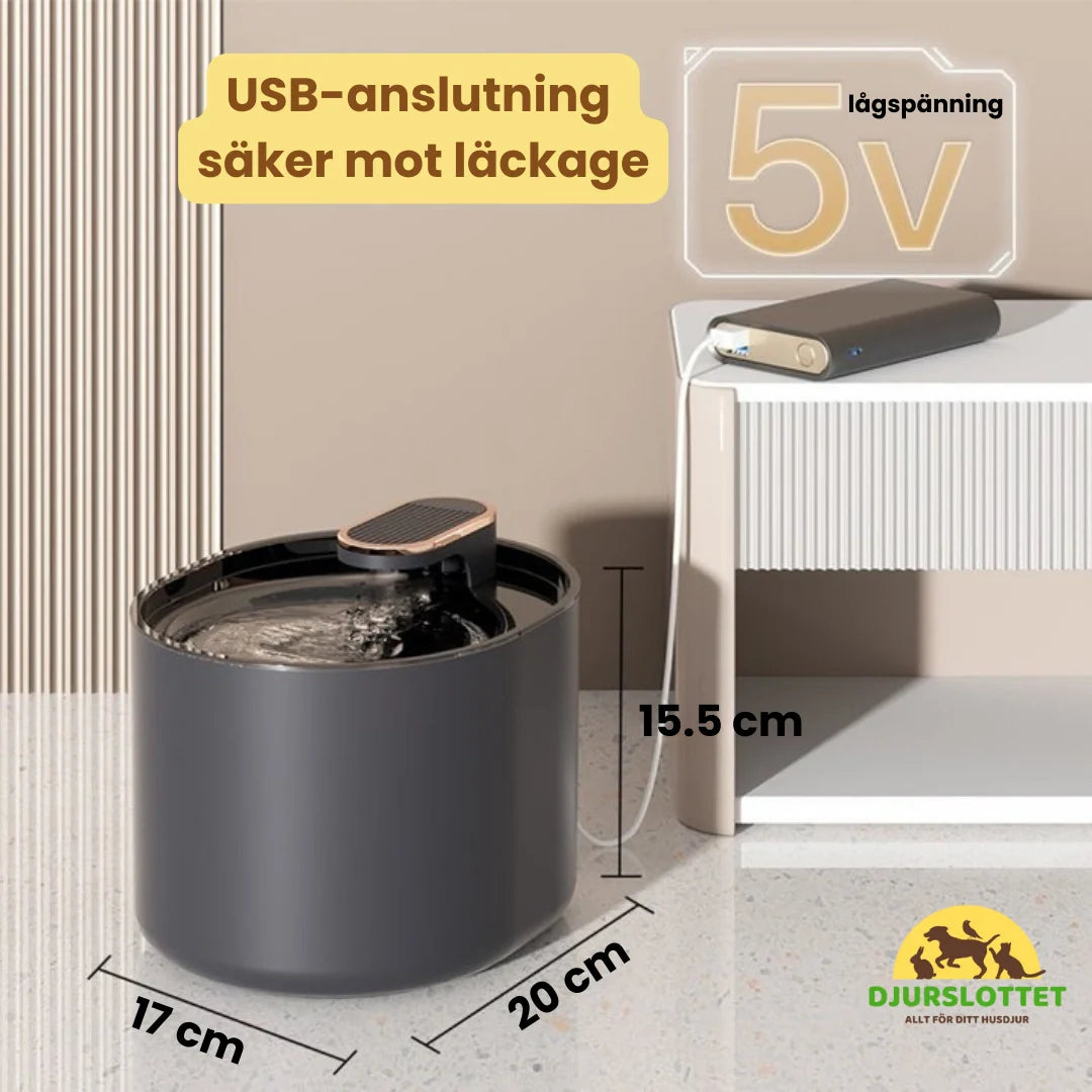 Friskvattensfontän för husdjur. Tyst, energisnål vattenautomat med kolfilter till hund & katt.