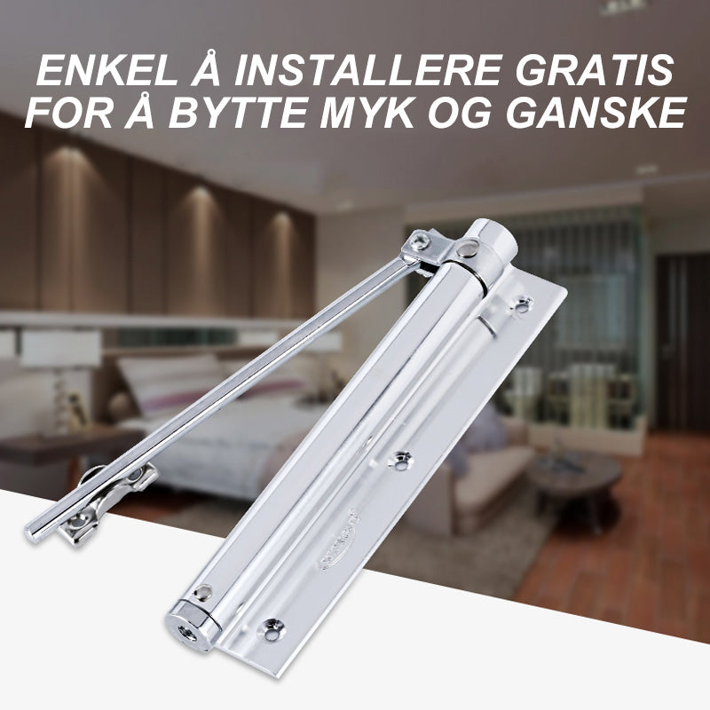 "Automatisk dörrstängare i rostfritt stål, flexibel och stilren, passar olika dörrtyper, finns i flera färger."