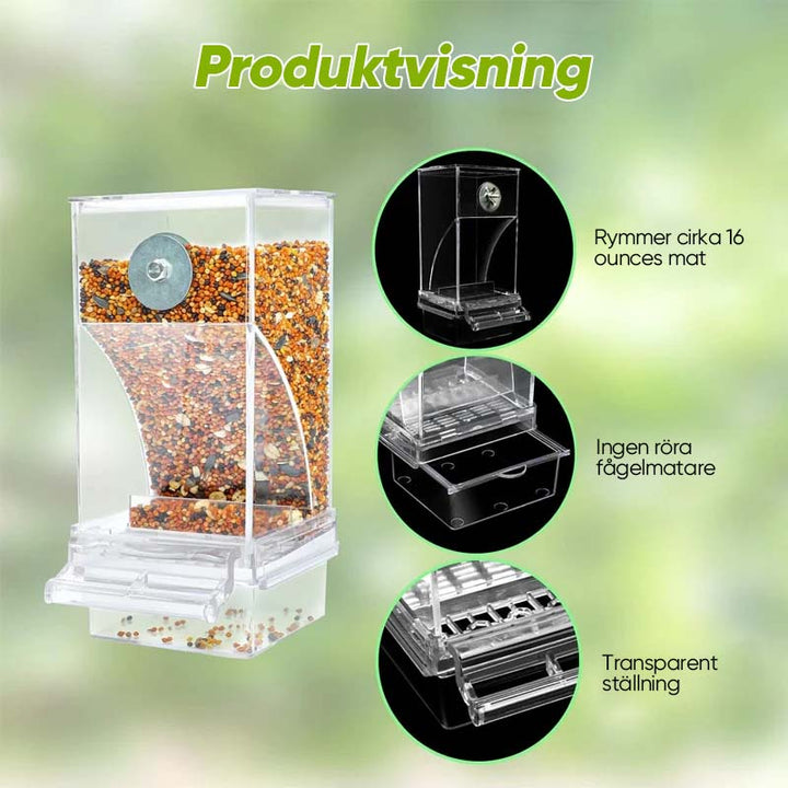 "Automatisk fågelmatare, transparent och spillfri, robust design av PP-material, lämplig för olika fågelarter."