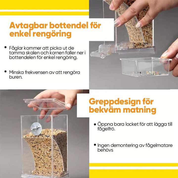 "Automatisk fågelmatare, transparent och spillfri, robust design av PP-material, lämplig för olika fågelarter."