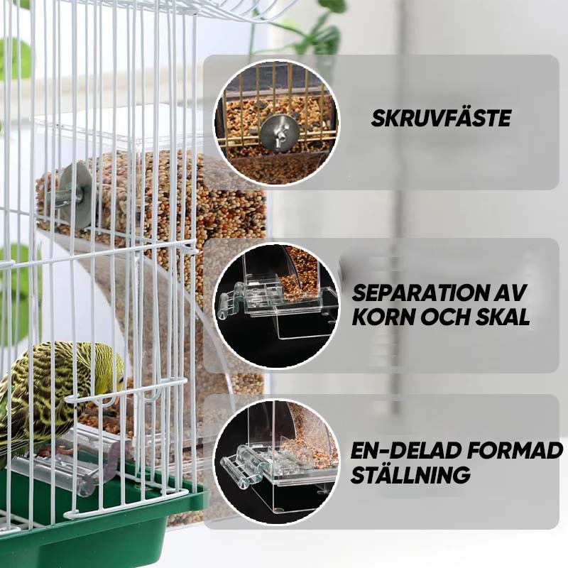"Automatisk fågelmatare, transparent och spillfri, robust design av PP-material, lämplig för olika fågelarter."