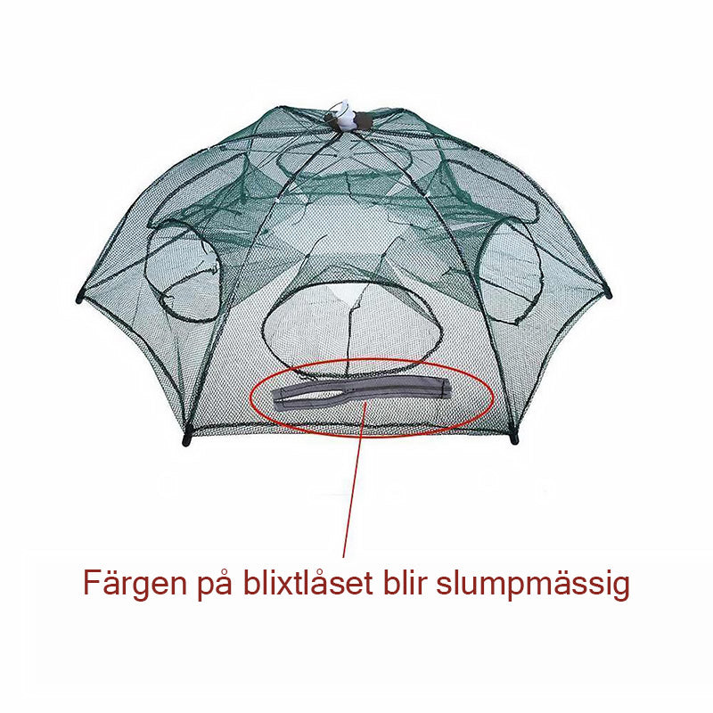 "Automatisk fällbar fiskfälla med 360° design, teleskopsfunktion, robust nylon och ståltrådsram för fisk, räkor, kräftor."