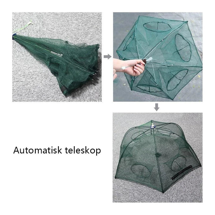 "Automatisk fällbar fiskfälla med 360° design, teleskopsfunktion, robust nylon och ståltrådsram för fisk, räkor, kräftor."