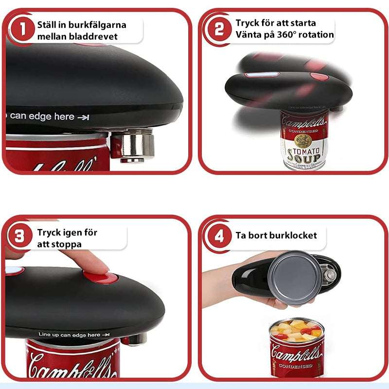 Automatisk konservöppnare i rostfritt stål, elegant silver design. Enkel kökshjälp för snabb burköppning.