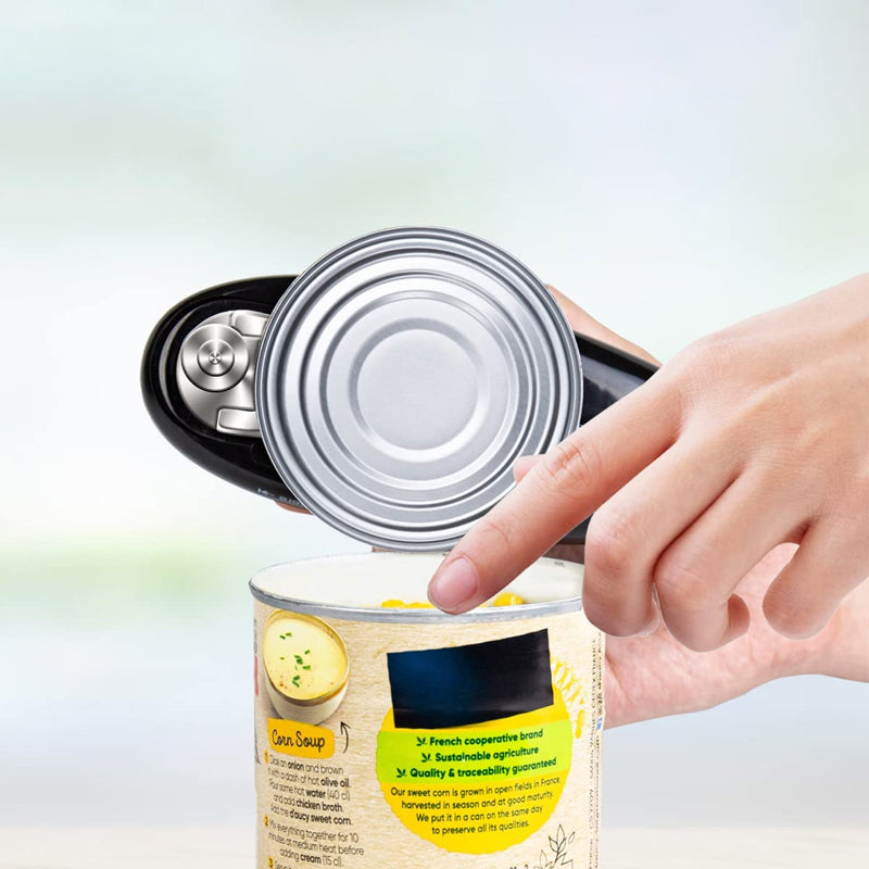 Automatisk konservöppnare i rostfritt stål, elegant silver design. Enkel kökshjälp för snabb burköppning.