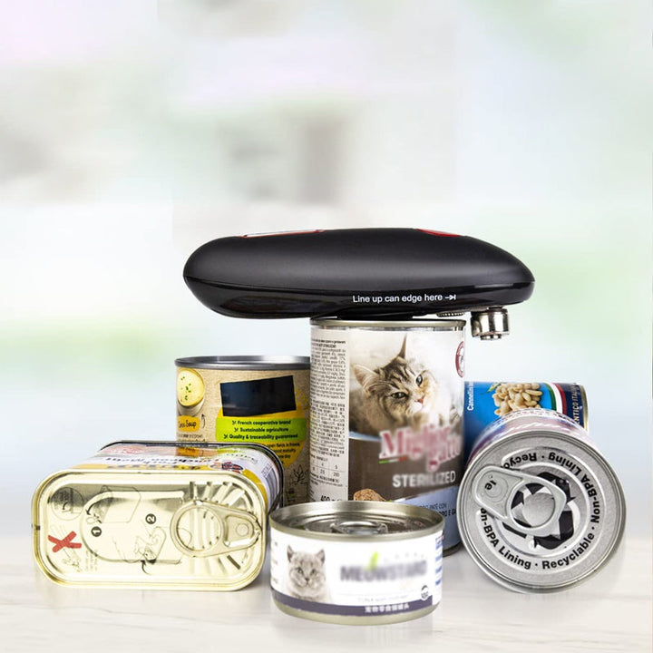 Automatisk konservöppnare i rostfritt stål, elegant silver design. Enkel kökshjälp för snabb burköppning.
